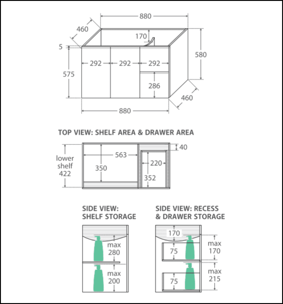 Fienza Tclb90Fr 900Mm Dolce Matte Black Fingerpull Gloss White Wall Hung Vanity Right Drawers -
