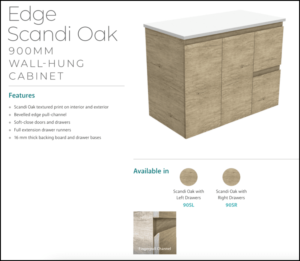 Fienza Tclb90Sr 900Mm Dolce Matte Black Scandi Oak Wall Hung Vanity Right Drawers - Special Order