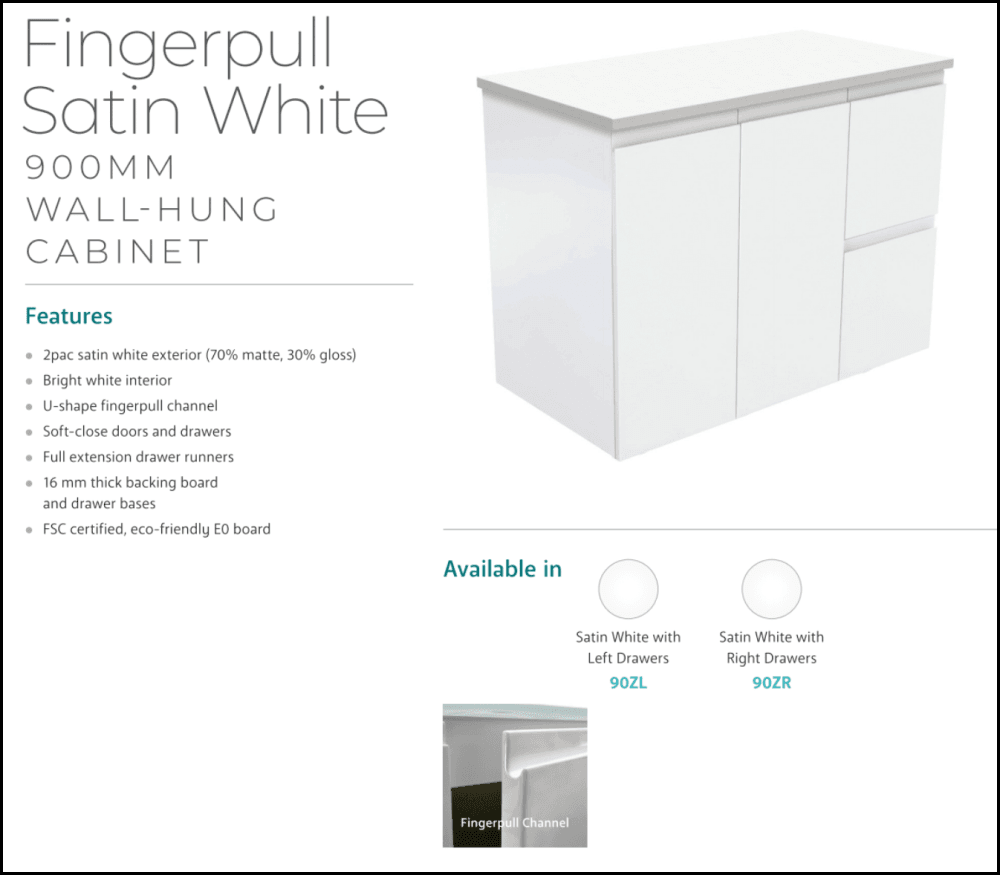 Fienza Tclb90Zl 900Mm Dolce Matte Black Fingerpull Satin White Wall Hung Vanity Left Drawers -