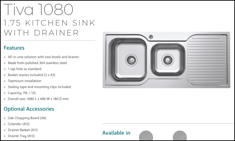 Fienza Tiva 1080 1.75 Kitchen Sink With Drainer Left Bowl 68106L - Special Order Top Mounted Sinks