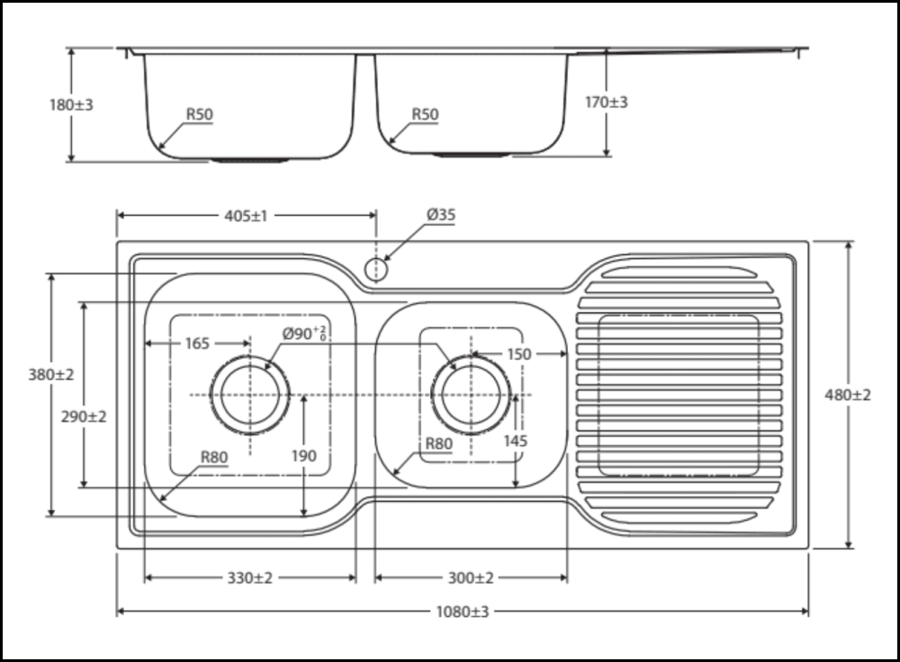 Fienza Tiva 1080 1.75 Kitchen Sink With Drainer Right Bowl 68106R - Special Order Top Mounted Sinks
