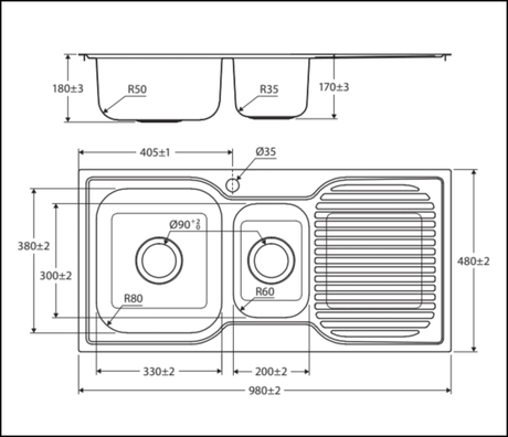 Fienza Tiva 68105R Double Right Hand Bowl Stainless Steel Sink - Special Order Top Mounted Kitchen