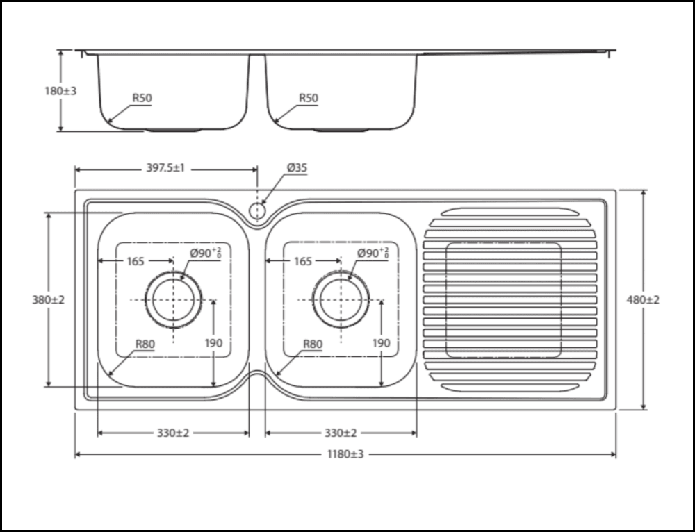 Fienza Tiva 68107L 1180 Double Kitchen Sink With Drainer Left Bowl - Special Order Top Mounted Sinks