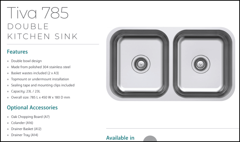Fienza Tiva 68109 Stainless Steel Double Kitchen Sink - Special Order Undermount Sinks