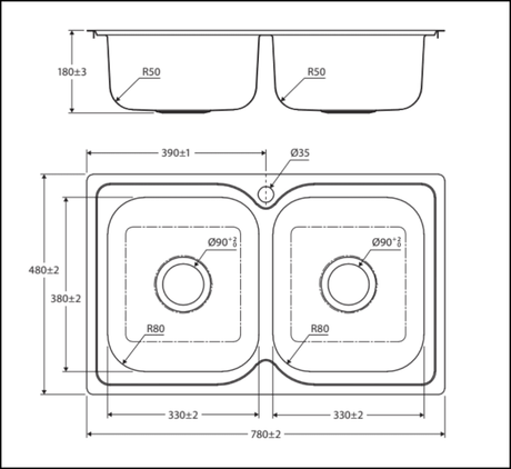 Fienza Tiva 780 Double Kitchen Sink No Tap Hole 68108 Top Mounted Sinks