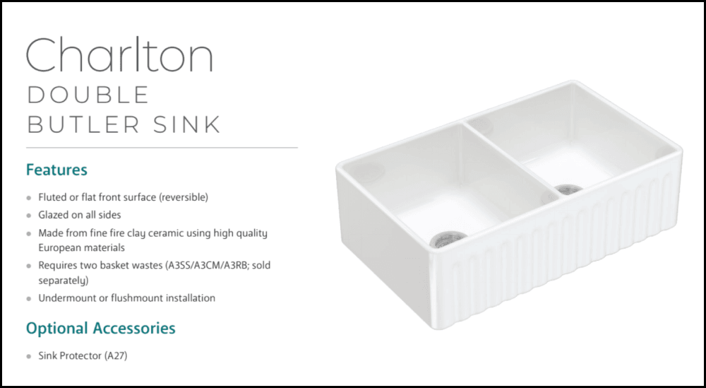 Fienza Winston 68702 Double Butler Sink White 838X483X254Mm - Special Order Kitchen Sinks