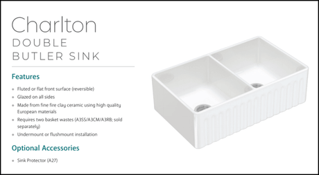 Fienza Winston 68702 Double Butler Sink White 838X483X254Mm - Special Order Kitchen Sinks