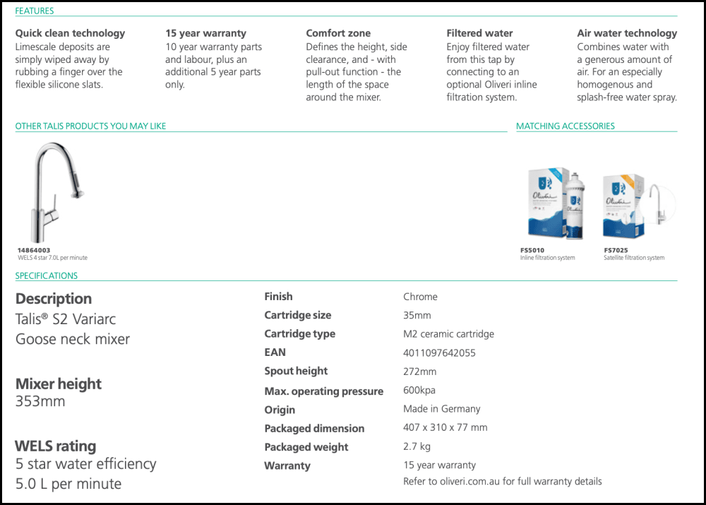Hansgrohe 14863003 Talis S2 Variarc Goose Neck Kitchen Mixer Tap Taps