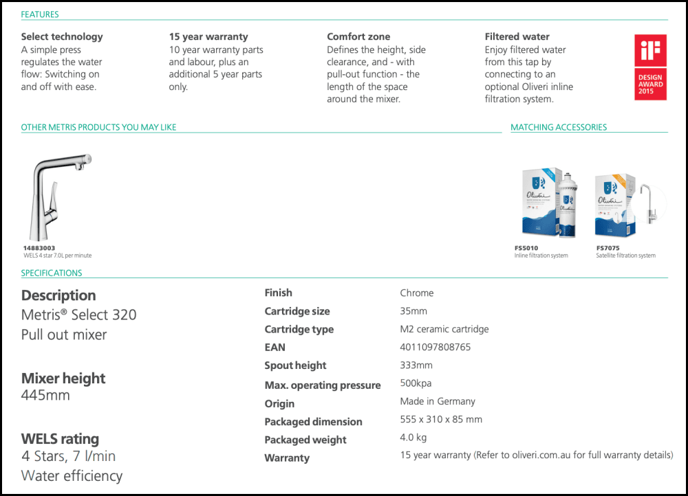 Hansgrohe 14884003 Metris Select 320 Pull Out Kitchen Mixer Tap Taps