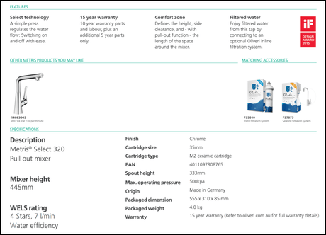 Hansgrohe 14884003 Metris Select 320 Pull Out Kitchen Mixer Tap Taps