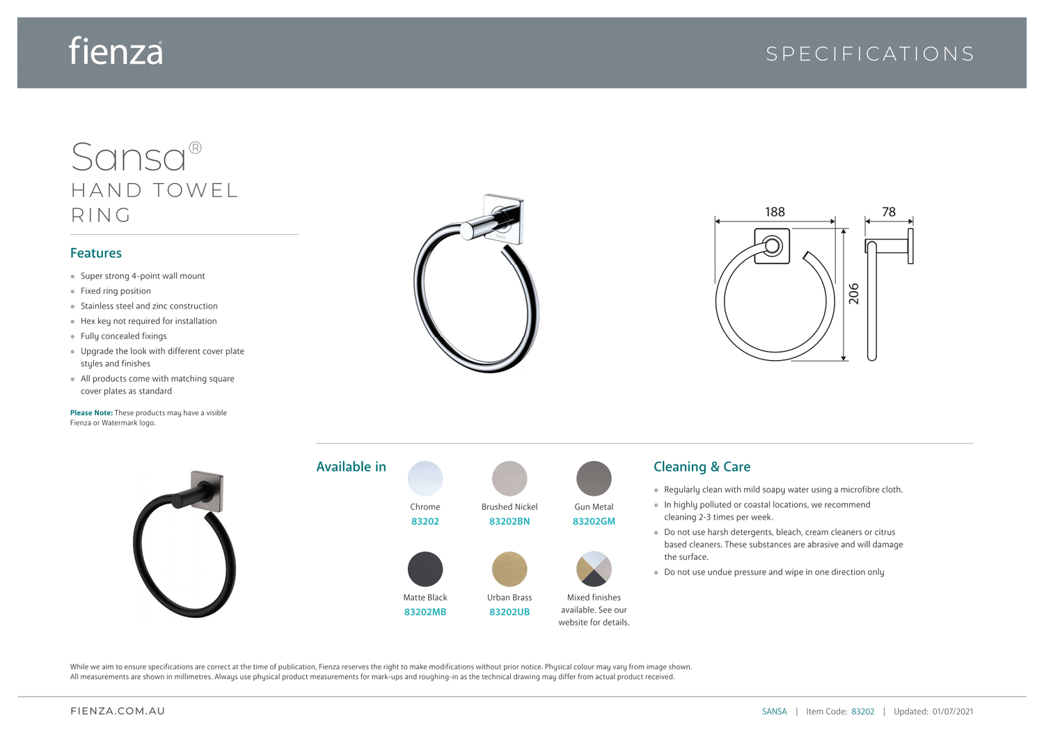 Fienza Sansa Hand Towel Ring 83202MB - Matte Black