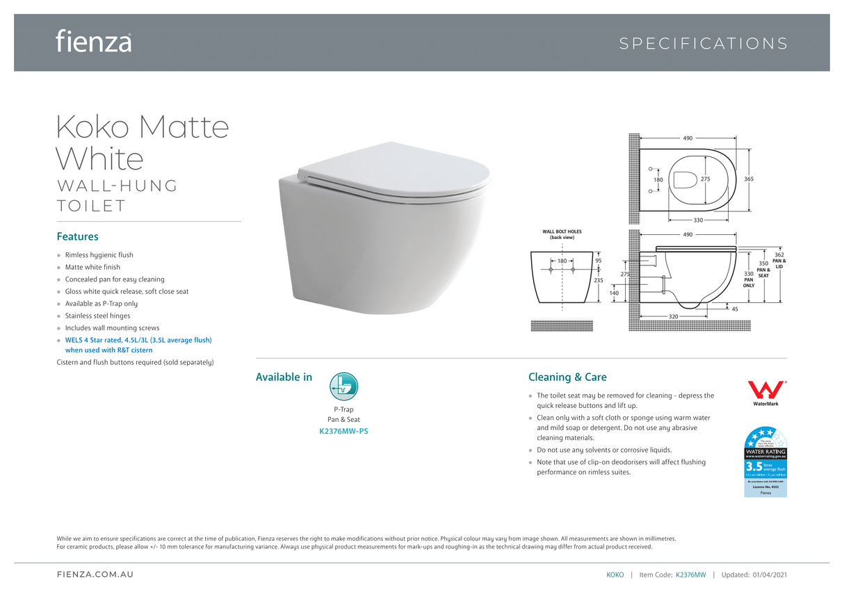 Fienza Koko Wall-Hung Suite - Matte White