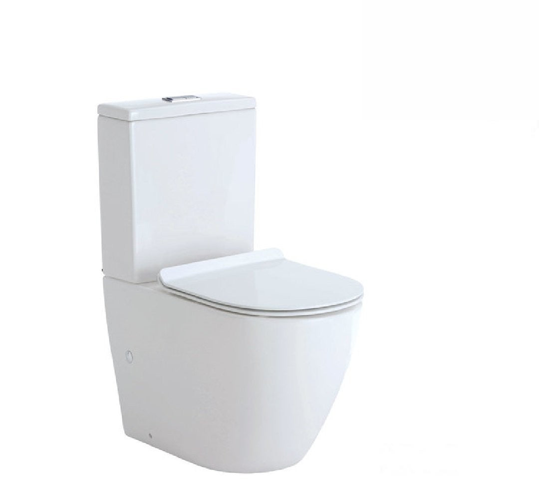 Fienza K002B-2 Koko Rimless Thin Seat S-Trap 160-230mm Back to Wall Toilet, White - Chrome Buttons