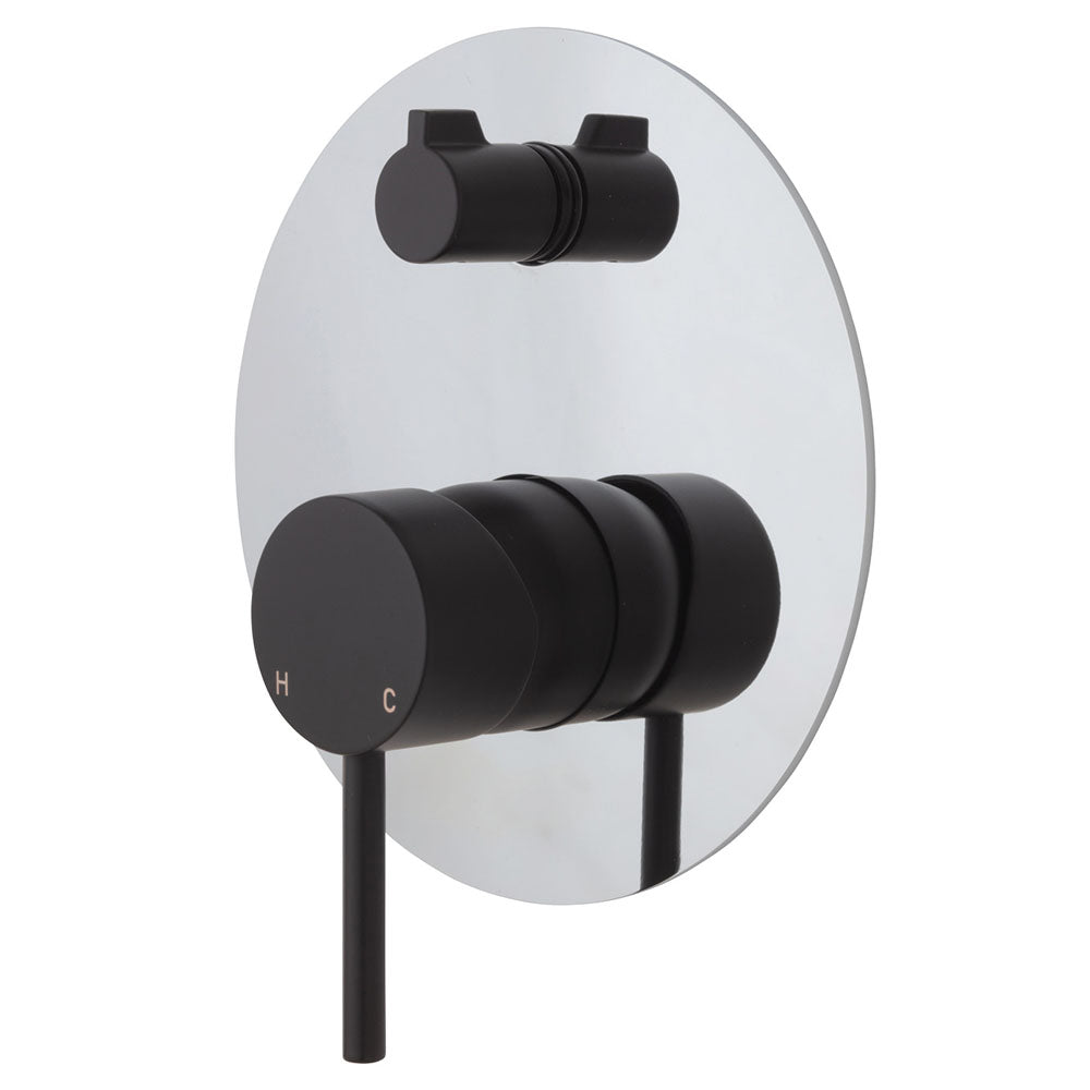 Fienza Kaya Large Round Plate Wall Diverter Mixer - Matte Black