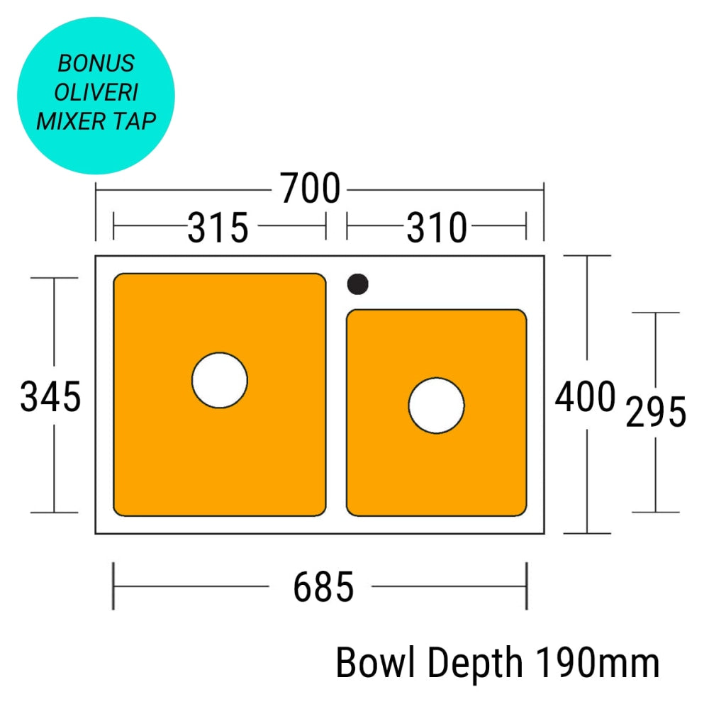 Kubik 7040 Stainless Steel 1 & 3/4 Sink - Suits Narrow Bench Tops Top Mounted Kitchen Sinks