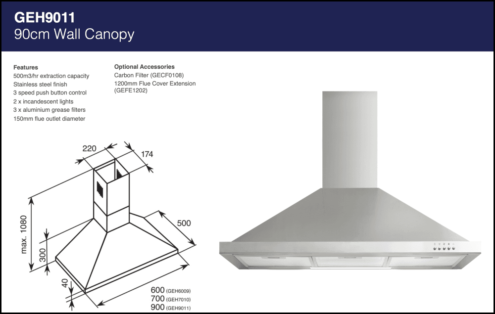Linea L-Geh9011 90Cm Canopy Range Hood Rangehoods