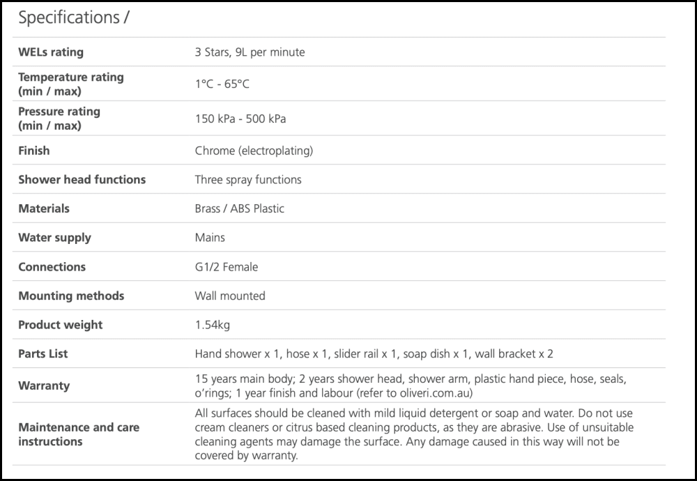 Oliveri Copenhagen Co51580Cr Chrome Hand Shower With Rail - Special Order Showers
