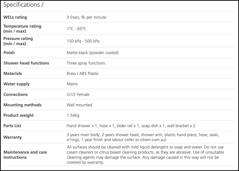 Oliveri Copenhagen Co51580Mb Matte Black Hand Shower With Rail - Special Order Showers