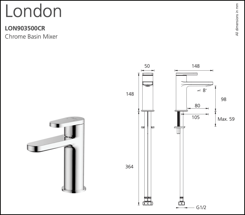 Oliveri London Lon903500Cr Chrome Basin Mixer Mixers