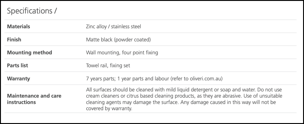 Oliveri Ma824Cc3Mb Madrid Matte Black Single Towel Rail 650Mm Bathroom Accessories