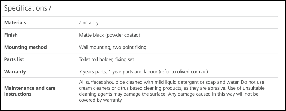 Oliveri Ma855Dc3Mb Madrid Matte Black Toilet Roll Holder Bathroom Accessories
