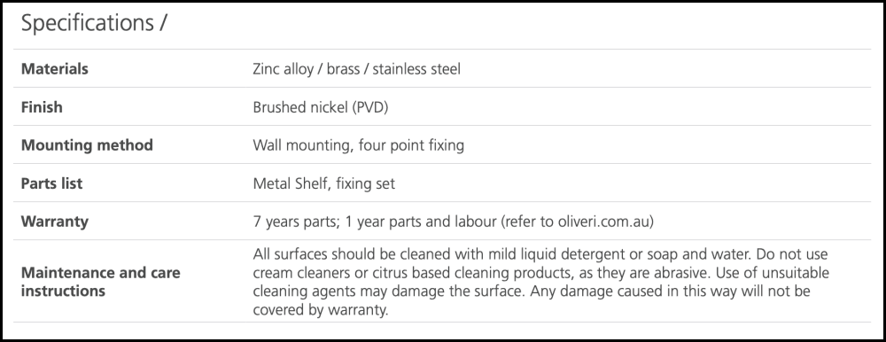 Oliveri Ma891A07Bn Madrid Brushed Nickel Metal Shelf 420Mm Bathroom Accessories