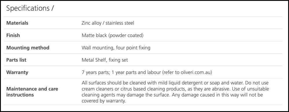 Oliveri Ma891Ac3Mb Madrid Matte Black Metal Shelf 420Mm Bathroom Accessories