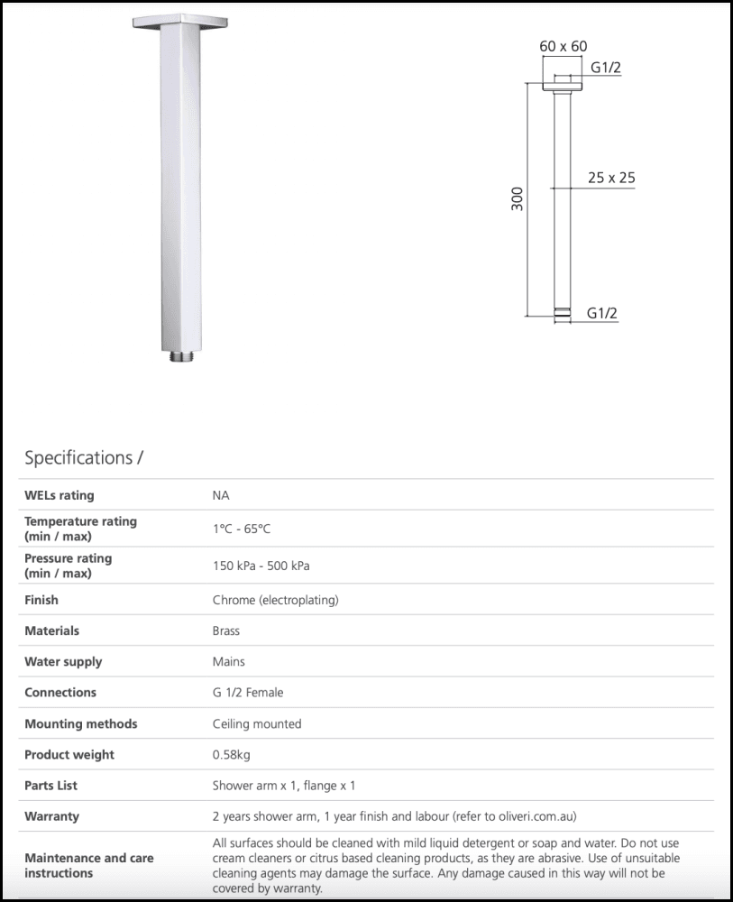 Oliveri Mo0007Cr Monaco Chrome Ceiling Mounted Shower Arm Showers