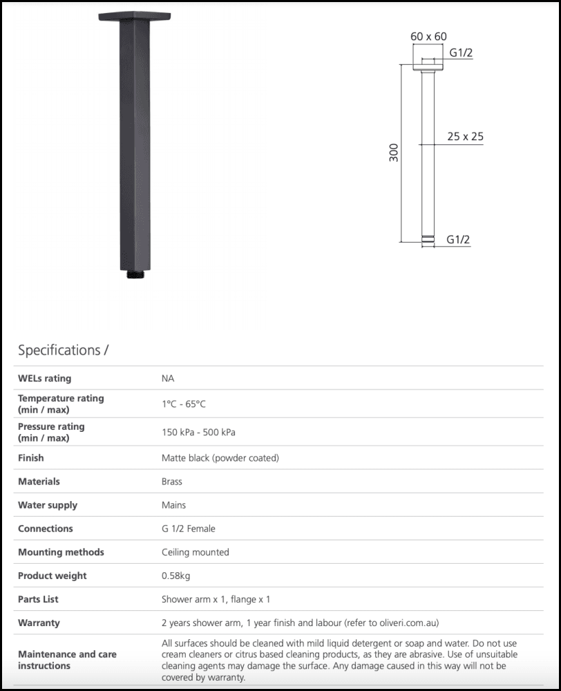 Oliveri Mo0007Mb Monaco Matte Black Ceiling Mounted Shower Arm Showers