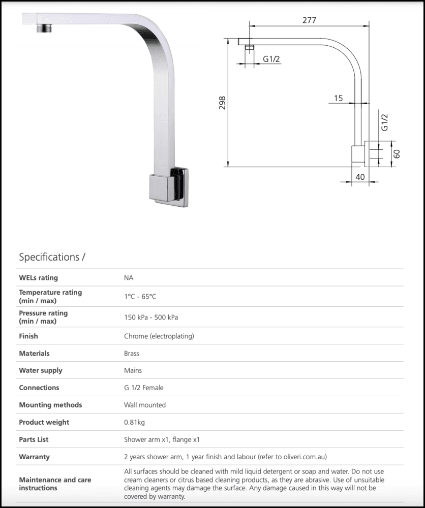 Oliveri Mo0009Cr Monaco Chrome Raised Wall Mounted Shower Arm Showers