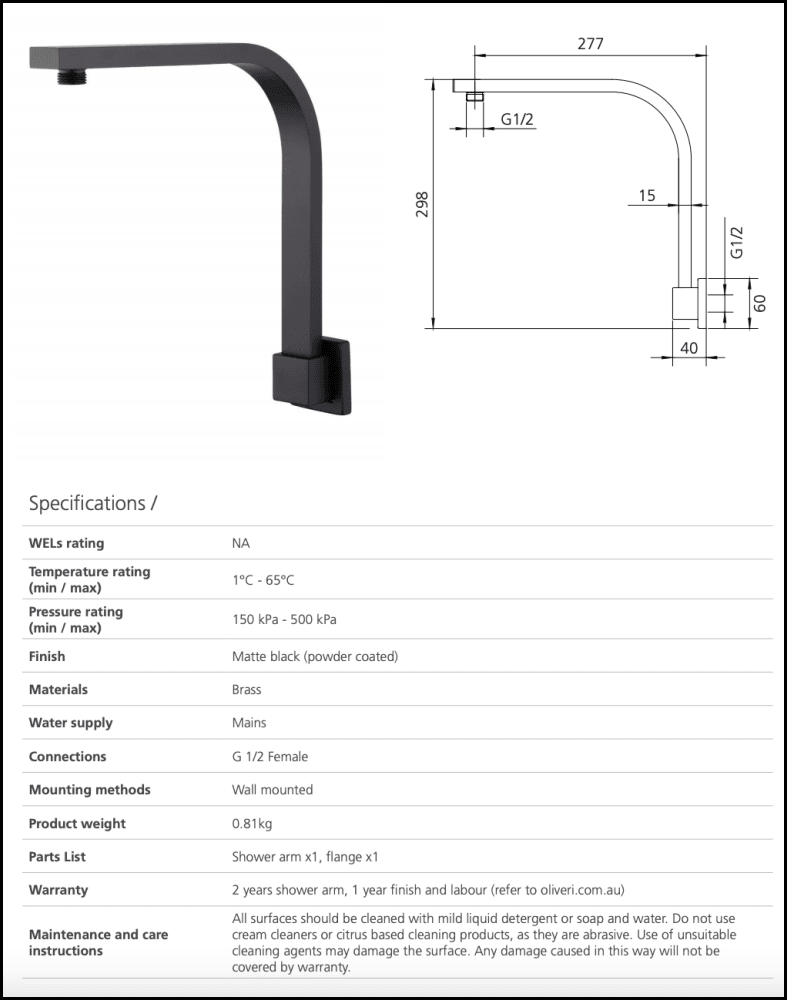 Oliveri Mo0009Mb Monaco Matte Black Raised Wall Mounted Shower Arm Showers