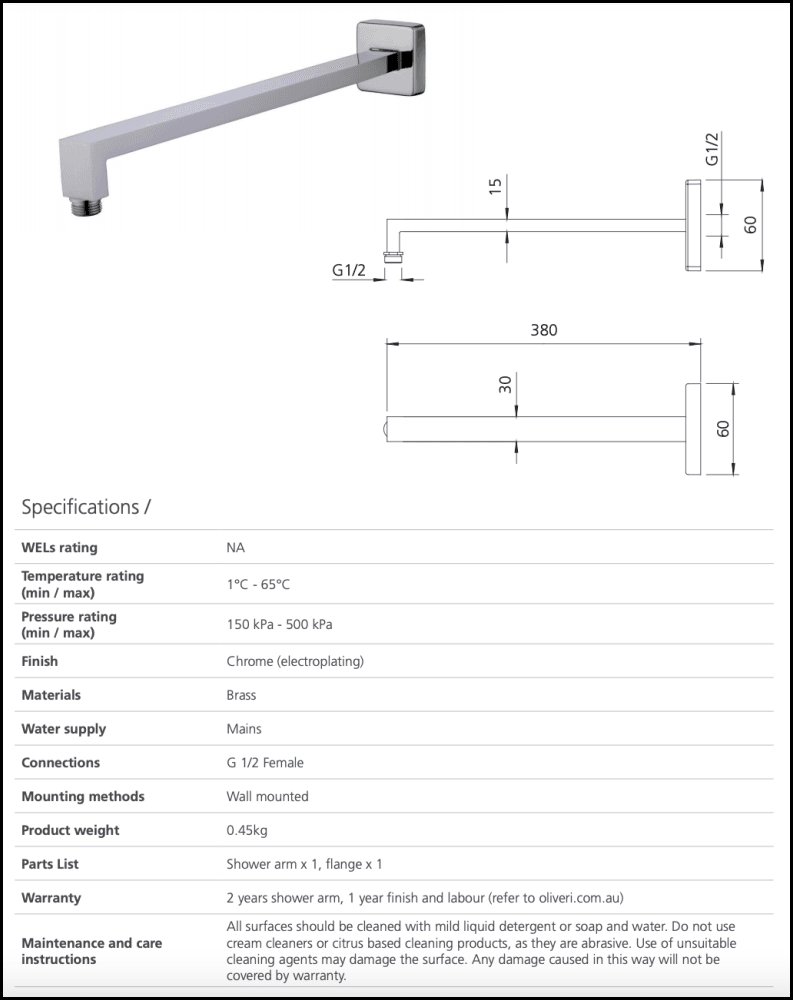 Oliveri Mo16330Cr Monaco Chrome Wall Mounted Shower Arm Showers
