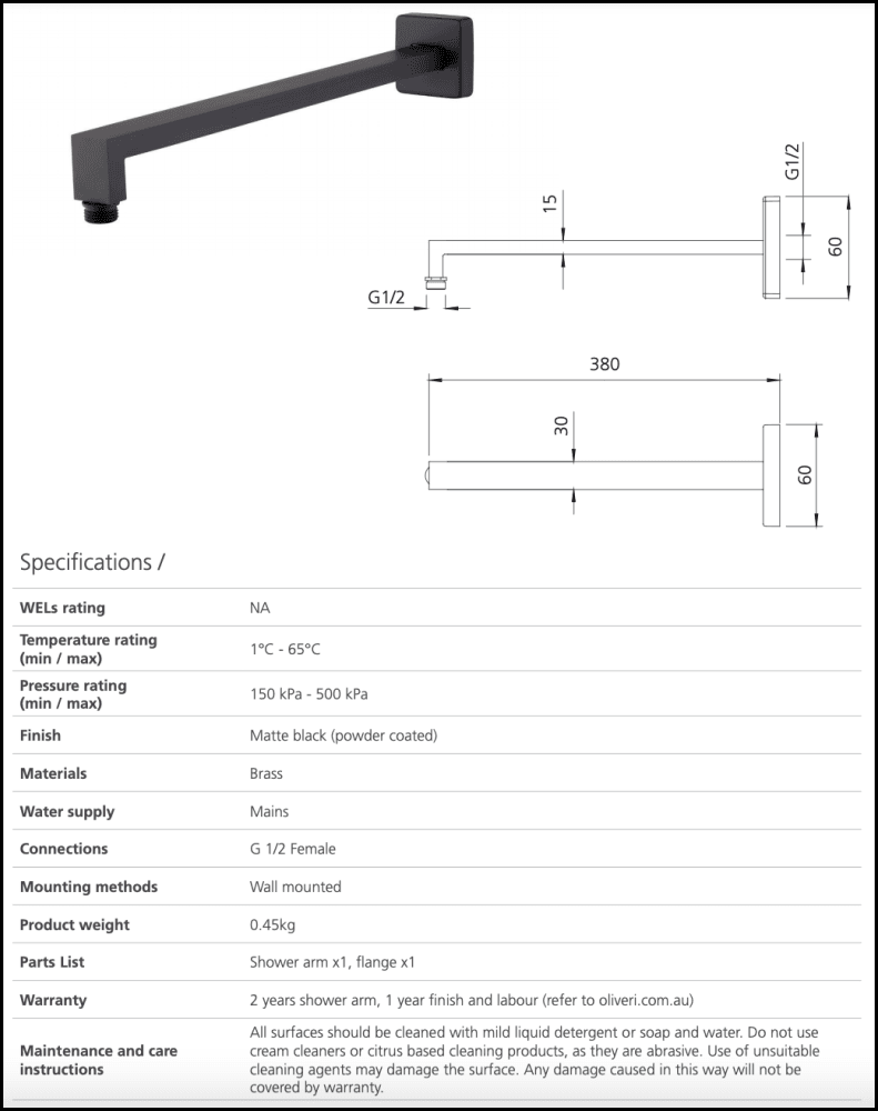 Oliveri Mo16330Mb Monaco Matte Black Wall Mounted Shower Arm Showers