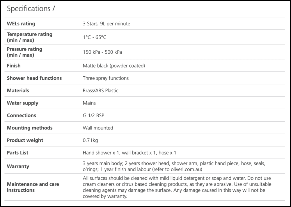 Oliveri Mo168013Bmb Monaco Matte Black Hand Shower With Bracket - Special Order Showers