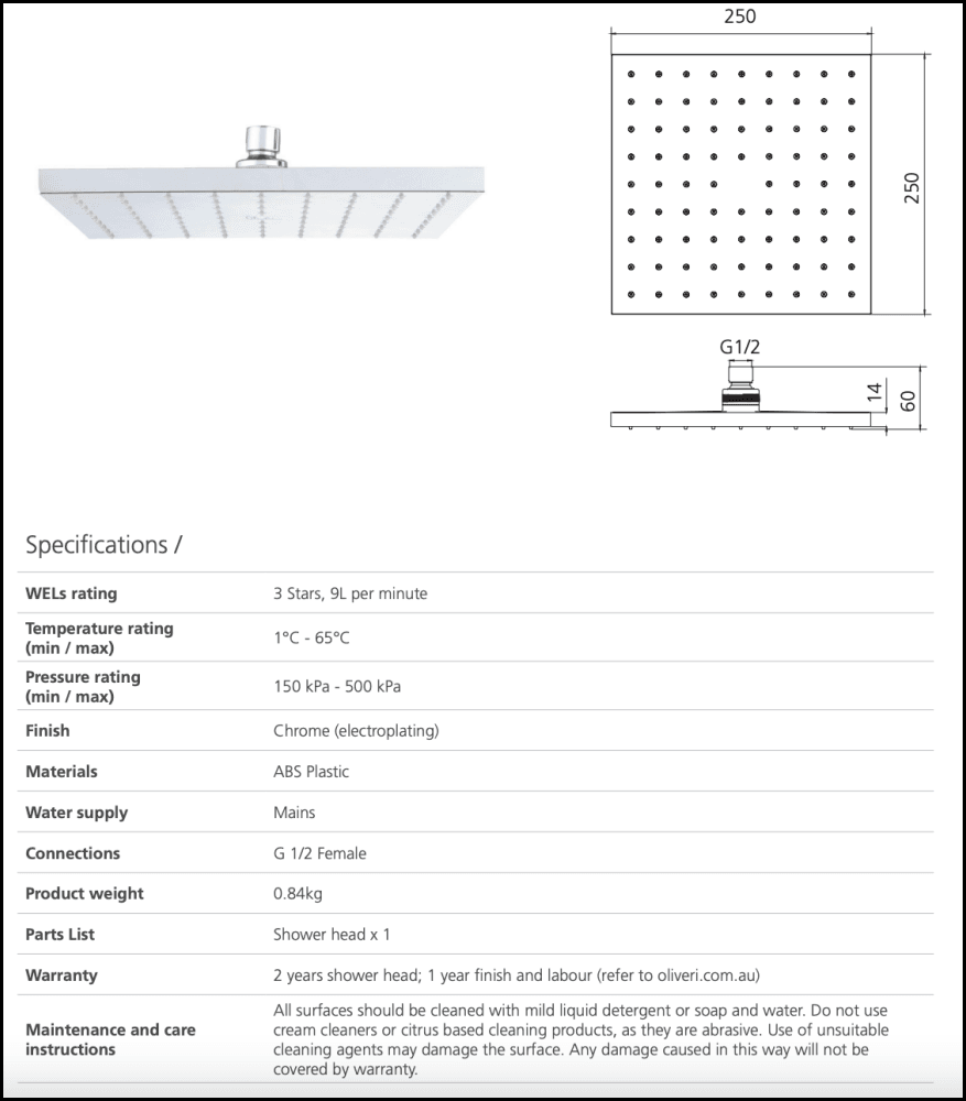 Oliveri Mo29301Cr Monaco Chrome Shower Rose 250Mm Showers