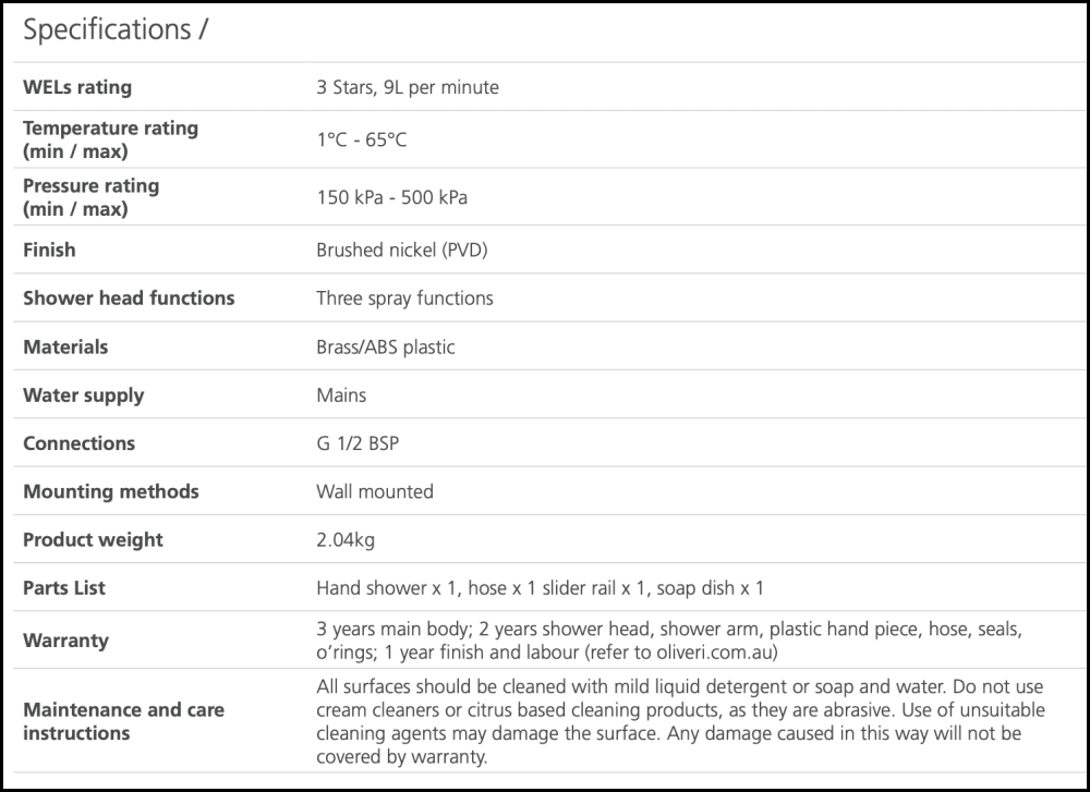 Oliveri Monaco Mo168013Bn Brushed Nickel Hand Shower With Rail - Special Order Showers