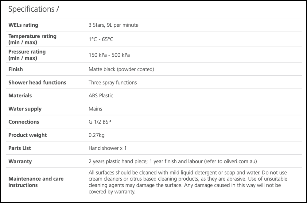 Oliveri Monaco Mo168013Hmb Matte Black Hand Shower Head - Special Order Showers