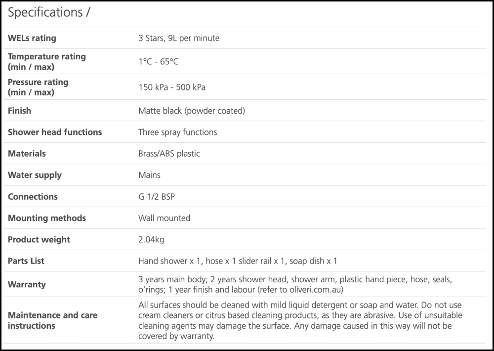 Oliveri Monaco Mo168013Mb Matte Black Hand Shower With Rail - Special Order Showers