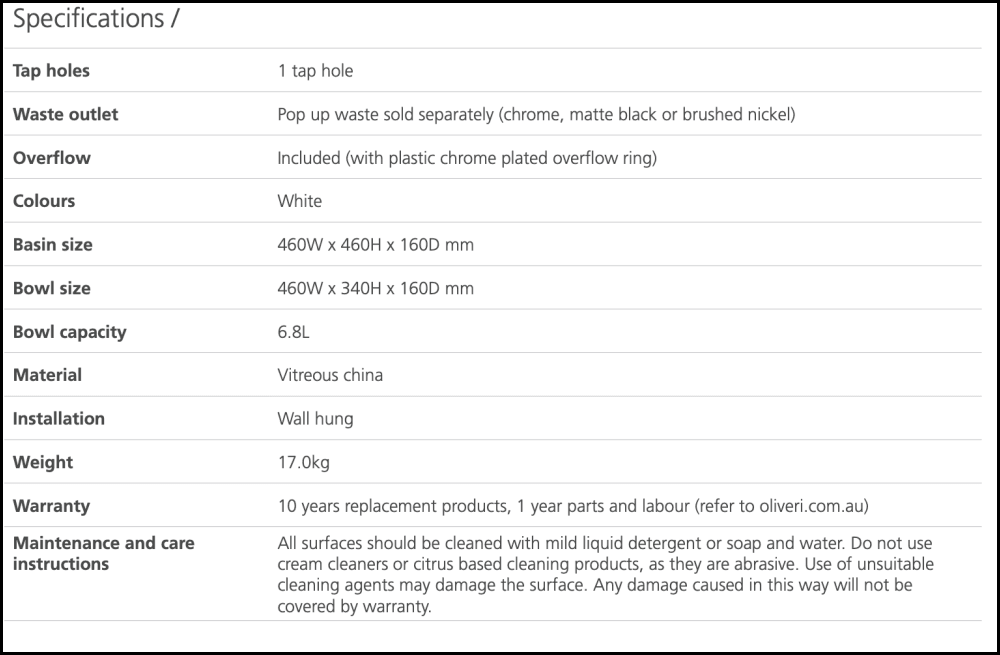 Oliveri Mu7063Wh Munich Wall Hung Basin Basins