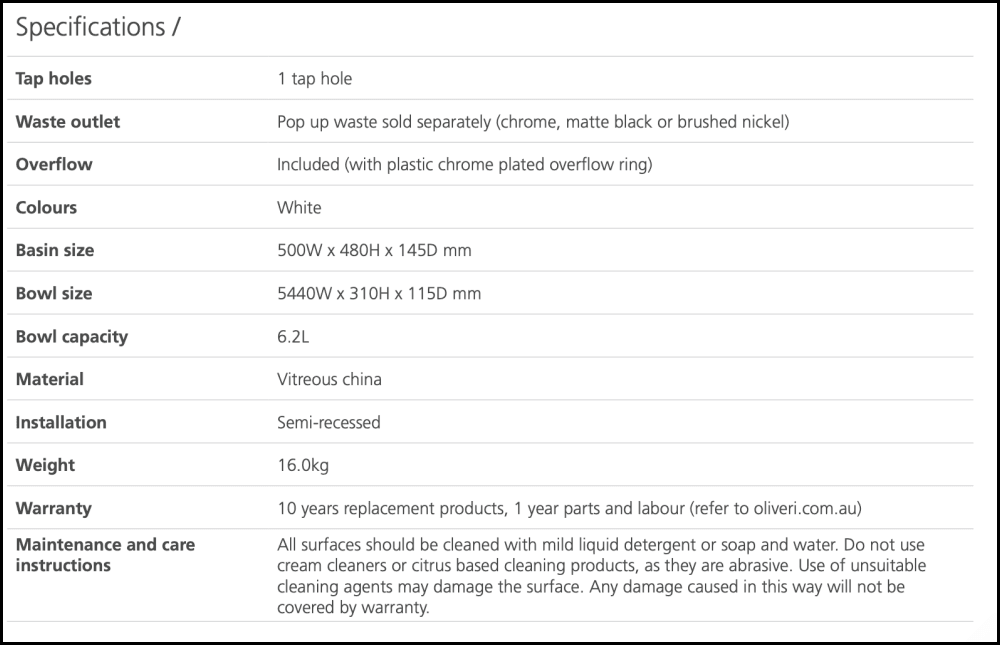 Oliveri Mu8050H Munich Semi-Recessed Basin Basins