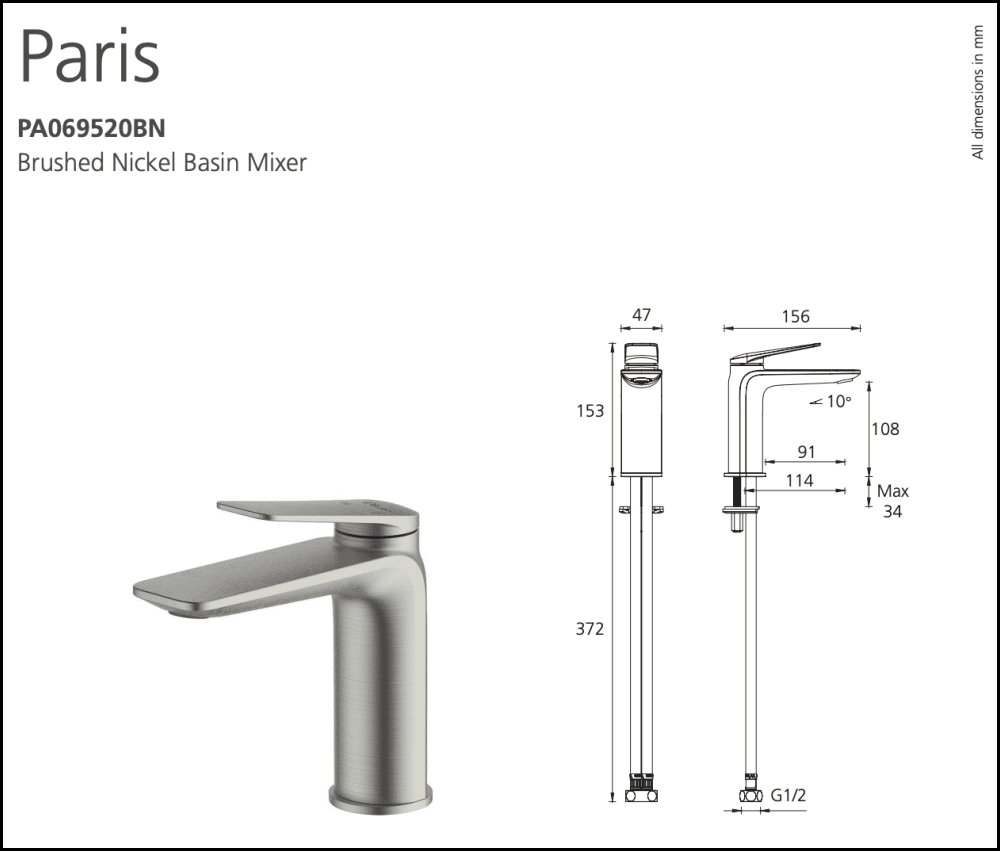 Oliveri Paris Pa069520Bn Brushed Nickel Basin Mixer Mixers