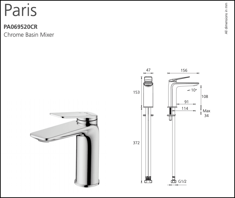 Oliveri Paris Pa069520Cr Chrome Basin Mixer Mixers