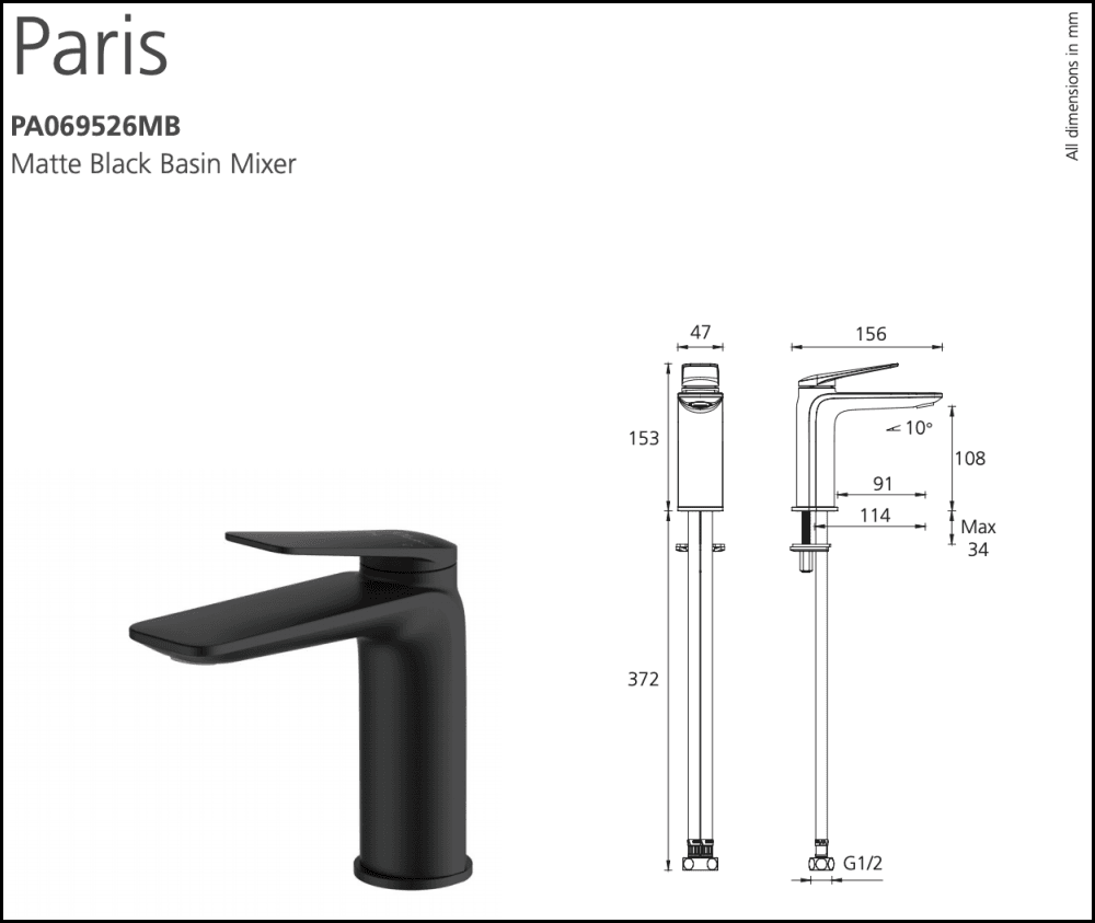Oliveri Paris Pa069526Mb Matte Black Basin Mixer Mixers
