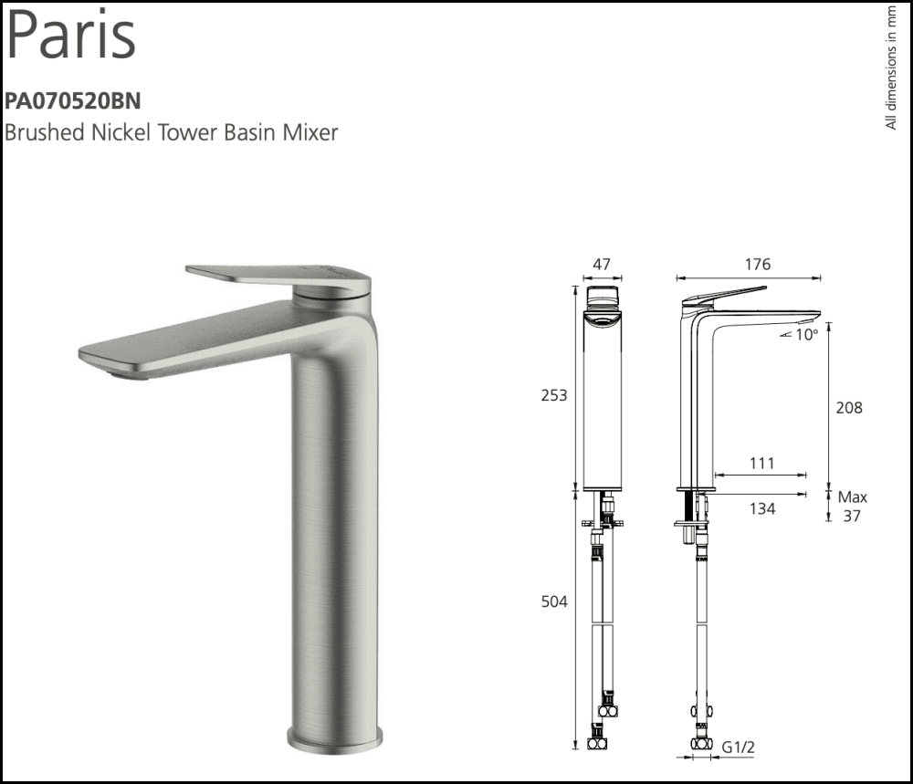 Oliveri Paris Pa070520Bn Brushed Nickel Basin Tower Mixer Mixers