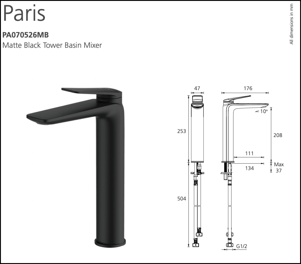 Oliveri Paris Pa070526Mb Matte Black Basin Tower Mixer Mixers