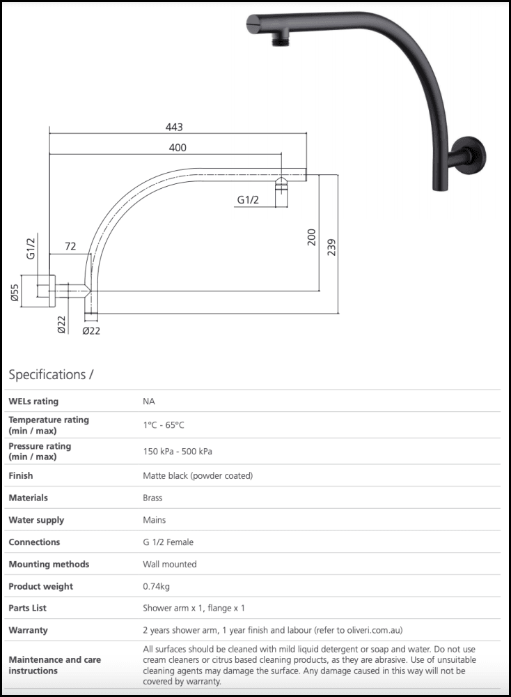 Oliveri Ro0008Mb Rome Matte Black Raised Wall Mounted Shower Arm Showers