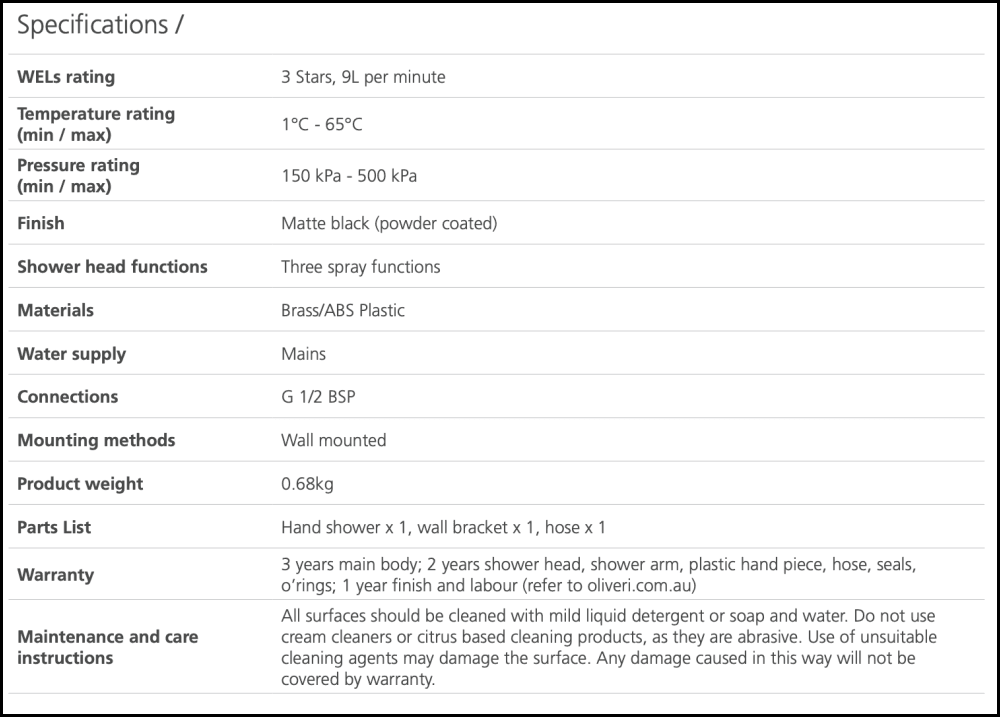 Oliveri Ro147013Bmb Rome Matte Black Hand Shower With Bracket - Special Order Showers