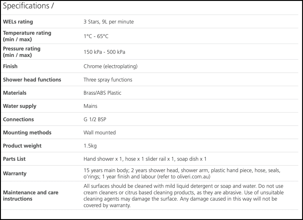 Oliveri Ro147013Cr Rome Chrome Hand Shower With Rail - Special Order Showers