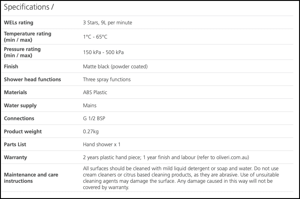 Oliveri Ro147013Hmb Rome Matte Black Hand Shower Head - Special Order Showers