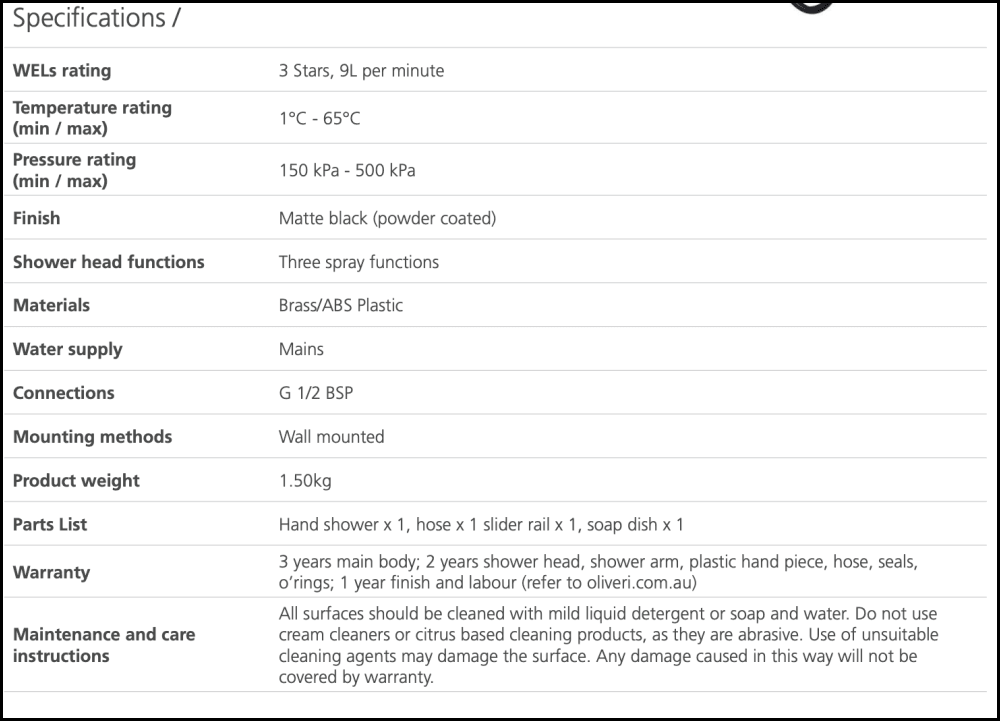 Oliveri Ro147013Mb Rome Matte Black Hand Shower With Rail - Special Order Showers